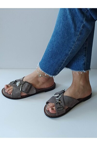 ERS Air Comfort Women's Mink Suede Genuine Leather Crossed Scarf Sea Shell Buckle Flat Daily Stylish Slippers