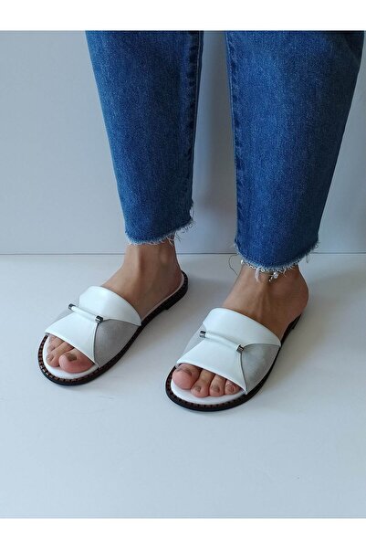 ERS Air Comfort Women's White Genuine Leather Front Buckle Flat Daily Stylish Slippers