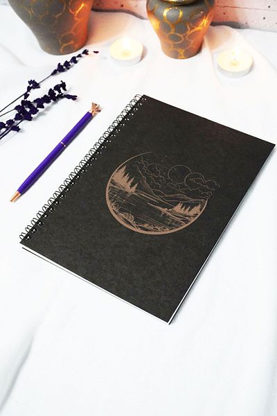 markcat A5 Landscape Themed Black Kraft Cover Notebook - Unlined Notebook - (120 Pages) 15X21 cm - Memory Notebook