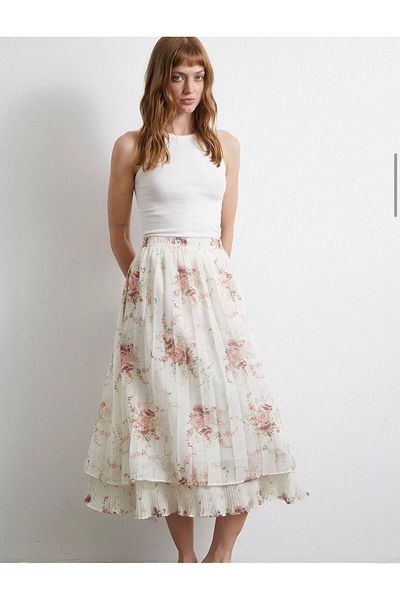 ALLEYTA Women's Sofia Patterned Lined Pleated Elastic Waist Chiffon Skirt New Season