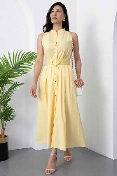 PULLIMM Floor-Length Buttoned Leather Belt Dress Grs3747