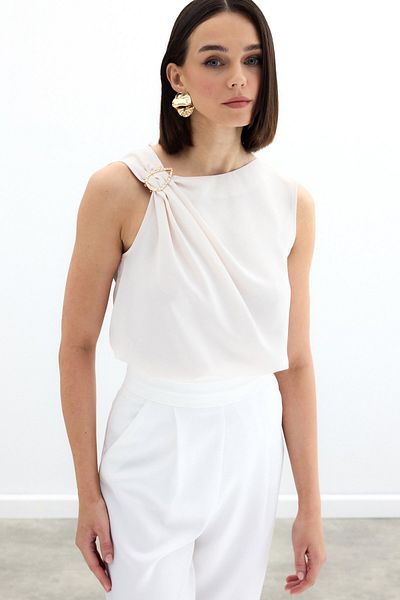 Sateen One Shoulder Detailed Blouse - Beige
