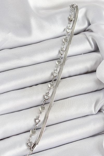 BESKAR 316L Steel Silver Color Heart Chain and Italian Chain 2-Piece Women's Bracelet