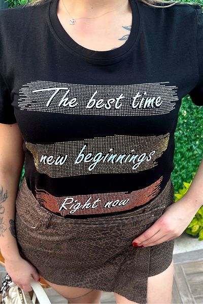 RICH GLAM Lettering Crystal Stone Plus Size Crew Neck Cotton Black Stylish Women's Blouse Short Sleeve T-Shirt T-Shirt