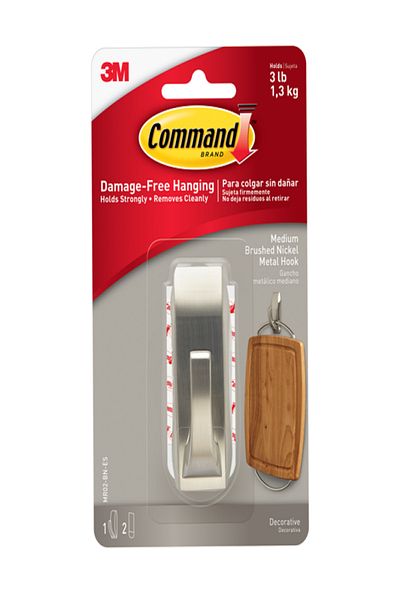 3M Command Damage-Free Multi-Purpose Durable Adhesive Hook with 2 Strips Brushed Nickel Medium