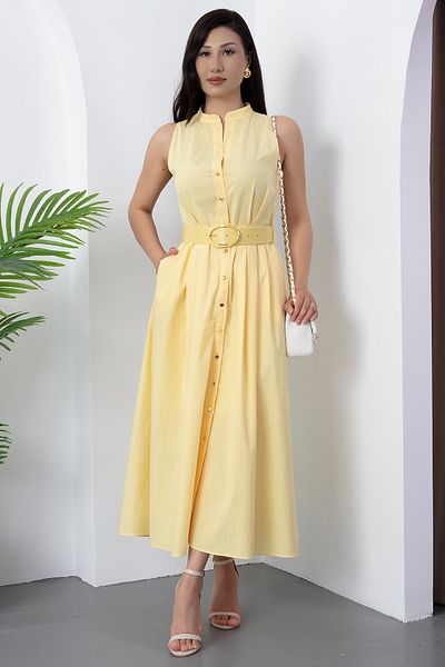 PULLIMM Floor-Length Buttoned Leather Belt Dress Grs3747