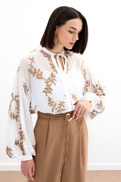 Sateen Nakışlı Şifon Gömlek - Camel