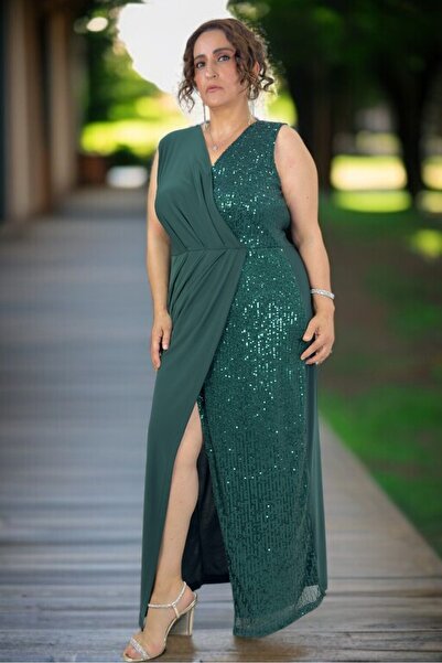 yagmurberen Kruvaze Cutting Sequence Detail Sandy Fabric Drapelarge Size Japone Sleeve (Sleeveless) Evening Dress