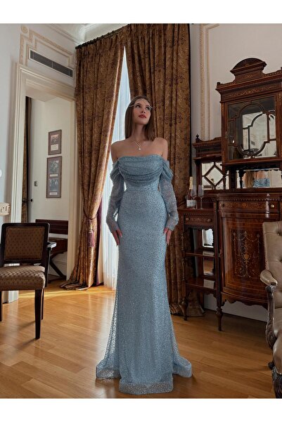 OYKUWEAR Ellinor Kayık Yaka Taşlı Bebe Mavi Abiye