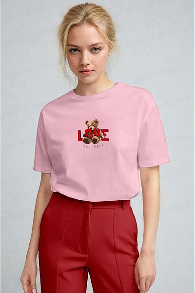Millionaire Women's Pink Love Teddy Bear Teddy Bear Print Regular Fit Regular Fit T-Shirt