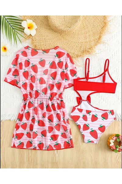 3b kids Children's Bikini Swimsuit Mayokini Strawberry Pattern Bikini Suit Pareo Set