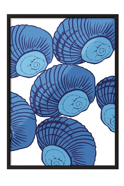 Postifull Black Framed Painting, Shells, Illustration, Whimsical, Blue, Navy Color Poster, 2025 Summer Flake