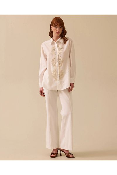 SEÇİL Lace Detailed Buttoned Linen Shirt