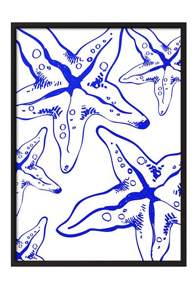 Postifull Black Framed Painting, Starfish, Illustration, Blue, White Color Poster, 2025 Summer Selection, No:109