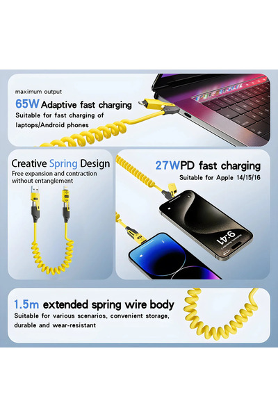 Fibaks 4in1 PD 65 Watt Type-C/27 Watt iPhone Spiral Kablo Kırılmaz Uç 1.5 Metre Hızlı Şarj ve Data Kablosu