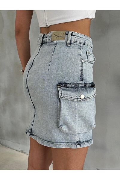 Zeo Basic MINI FUSTA DENIM ICE WASH CU DETALII BURUJĂ DE CARGO