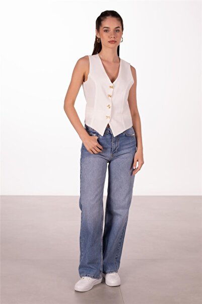 BARRELS AND OIL Gold Buttoned Linen Vest - White