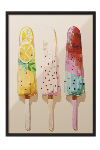 Postifull Black Framed Painting, Ice Cream, Lemon, Illustration, Whimsical, Pastel Tones, Multicolor Color Post