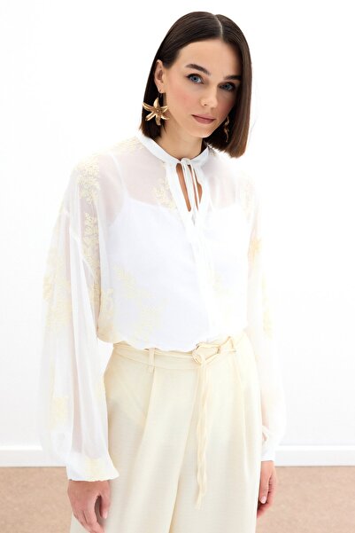 Sateen Nakışlı Şifon Gömlek - Krem