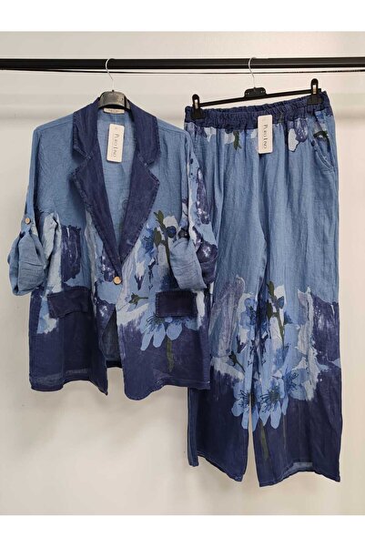 Luisido بدلة نسائية من الكتان مع سترة زرقاء بنقشة الزهور الإيطالية