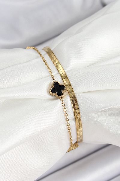 BESKAR 316L Steel Gold Color Black Clover Italian Chain 2-Piece Women's Bracelet
