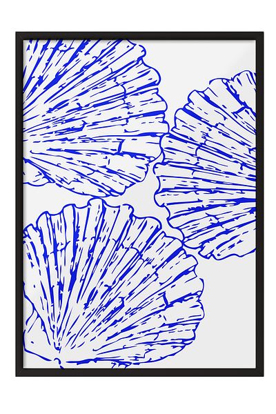 Postifull Black Framed Painting, Shells, Illustration, Blue, White Color Poster, 2025 Summer Selection, No:109835