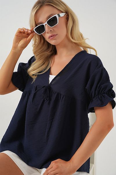 Bigdart Damenbluse mit kurzen Ärmeln und Schnürung vorne 962 – Marineblau