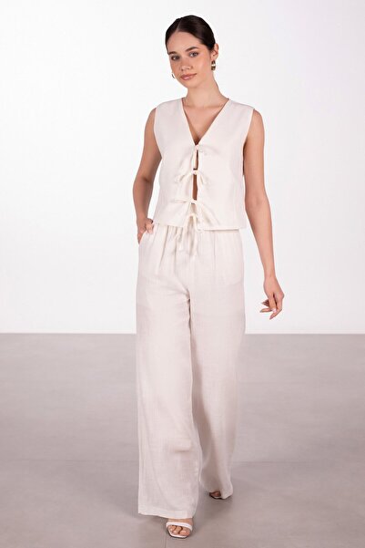 BARRELS AND OIL Linen Vest with Tie Front - White