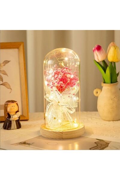 Manolex Pink Gypsophila Bouquet (Bride's Flower) under Glass Dome with LED
