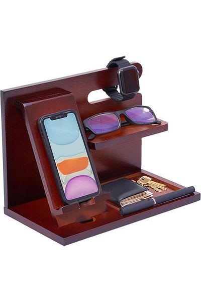 officeworld Wooden Desk Organizer, Bamboo Shelf, Pen and Phone Holder, 26 x 15 x 19 cm, Brown