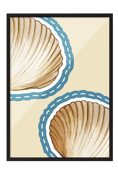 Postifull Black Framed Painting, Seashell, Illustration, Flat Illustration, Beige, Blue Color Poster, 2025 Summer