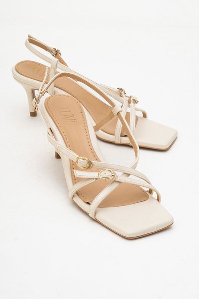 LuviShoes Chaka Ecru Buckle Square Toe Women's Heeled Sandals