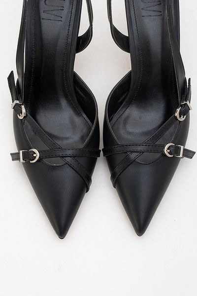 LuviShoes Bi̇ana Black Leather Buckle Pointed Toe Women's Heeled Shoes