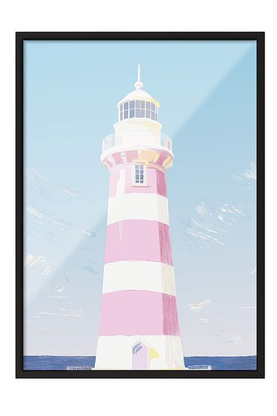 Postifull Black Framed Painting, Lighthouse, Illustration, Pastel Tones, Blue Color Poster, 2025 Summer Selection