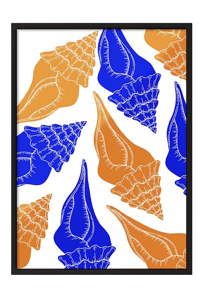 Postifull Black Framed Painting, Seashells, Flat Illustration, Contemporary, Orange, Blue Color Poster, 2025 Ya