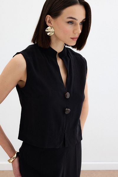 Sateen Blouse with Ornamental Button Detail - Black