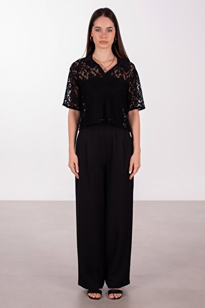 BARRELS AND OIL بنطال نسائي واسع من الهواء مع خصر مرن - أسود