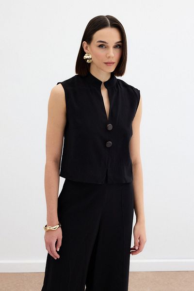Sateen Blouse with Ornamental Button Detail - Black