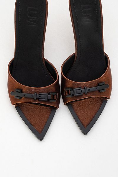 LuviShoes Odeon Copper Brown Satin Buckle Women's High Heel Slippers