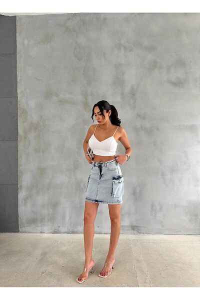 Zeo Basic MINI FUSTA DENIM ICE WASH CU DETALII BURUJĂ DE CARGO