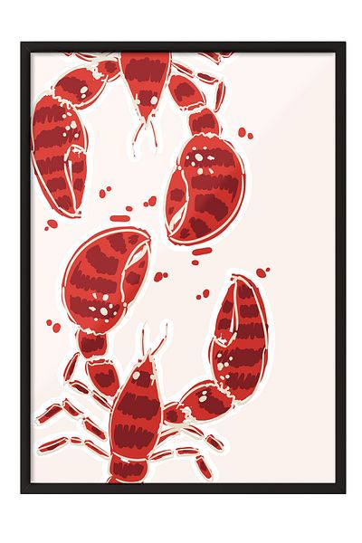 Postifull Black Framed Painting, Lobster, Flat Illustration, Red, White Color Poster, 2025 Summer Selection, No:1