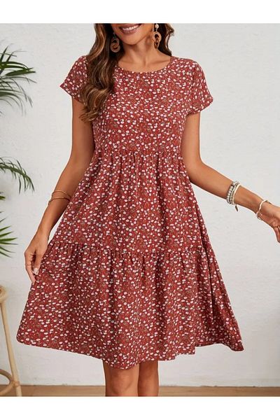 Modayakamoz New Season Women's Short Sleeve Crew Neck Floral Print Single Jersey Casual Dress