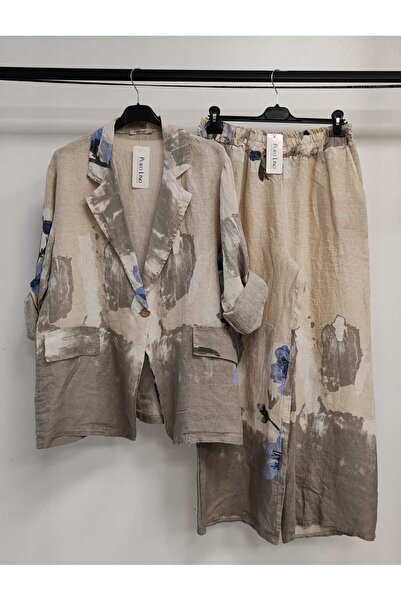 Luisido بدلة كتان نسائية بيج إيطالية منقوشة بالزهور مع سترة