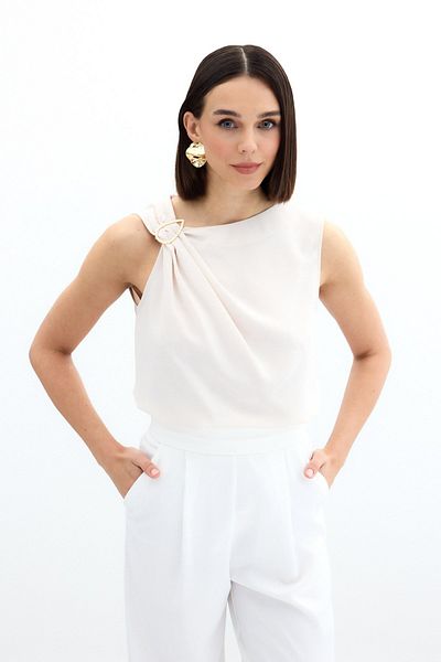Sateen One Shoulder Detailed Blouse - Beige