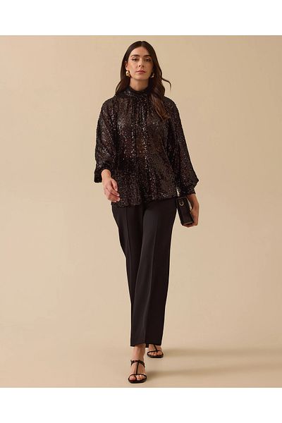 SEÇİL Stand Collar Transparent Sequined Blouse