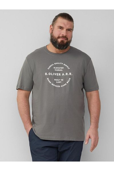 s.Oliver Big Sizes Men's Big Size T-shirt With Scoop Neck, Logo Print, Dark Grey