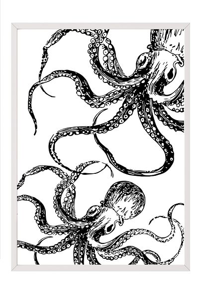 Postifull White Framed Painting, Octopus, Illustration, Black, White Color Poster, 2025 Summer Selection, No:109840