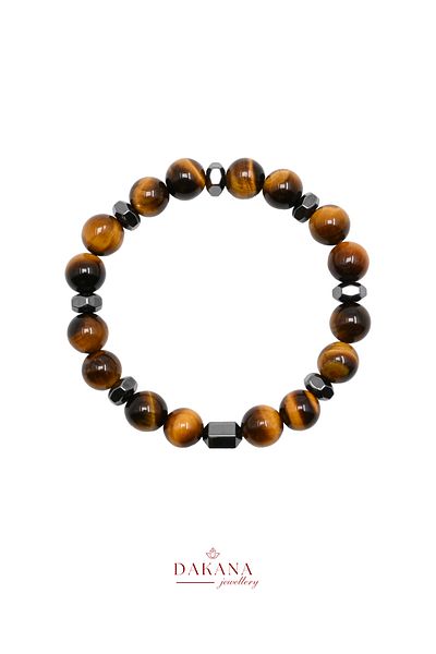 DAKANA JEWELLERY Certified Cylinder Hematite and 8 mm Tiger Eye Flexible Natural Stone Bracelet