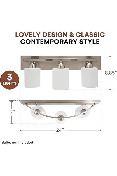 IDB Bară de iluminat pentru baie cu abajur modern din sticlă mată, nichel periat, 3 becuri, LED E26 100W,
