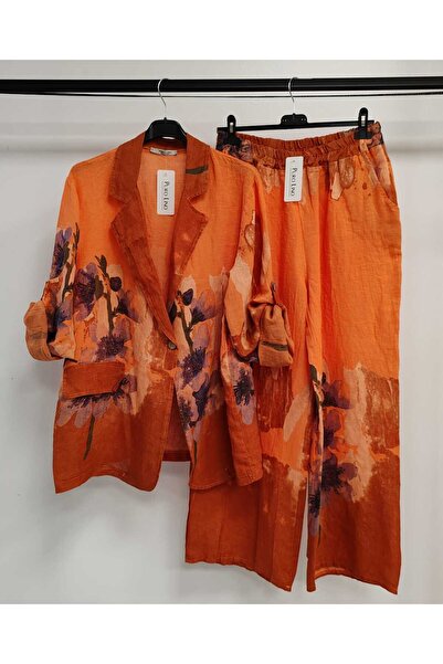 Luisido Women's Orange Italian Floral Print Linen Suit with Jacket